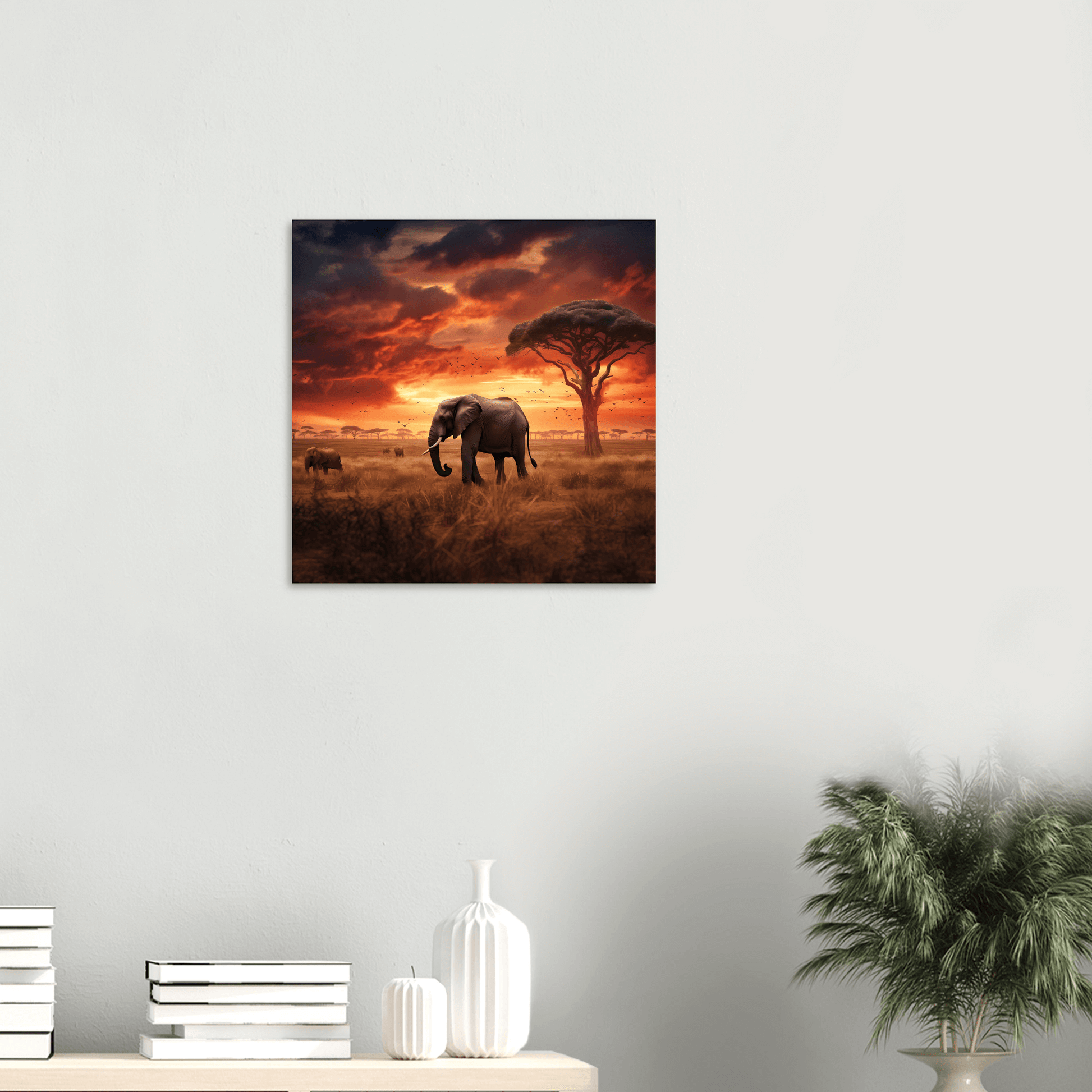 Poster "Panoramablick Serengeti" – genieße grasende Elefanten im Sonnenuntergang und bringe wilde Atmosphäre in dein Zuhause