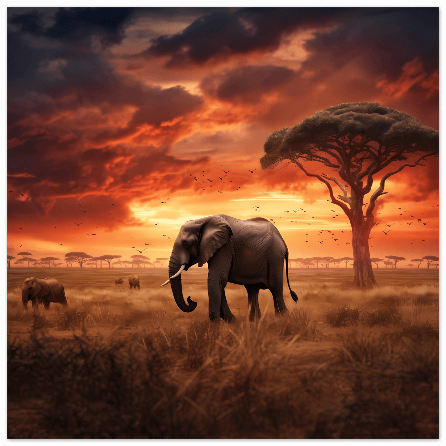 Poster "Panoramablick Serengeti" – genieße grasende Elefanten im Sonnenuntergang und bringe wilde Atmosphäre in dein Zuhause