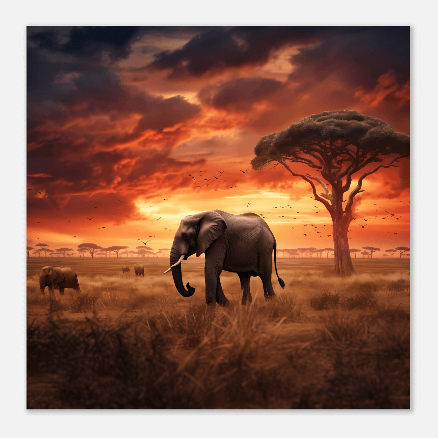 Poster "Panoramablick Serengeti" – genieße grasende Elefanten im Sonnenuntergang und bringe wilde Atmosphäre in dein Zuhause