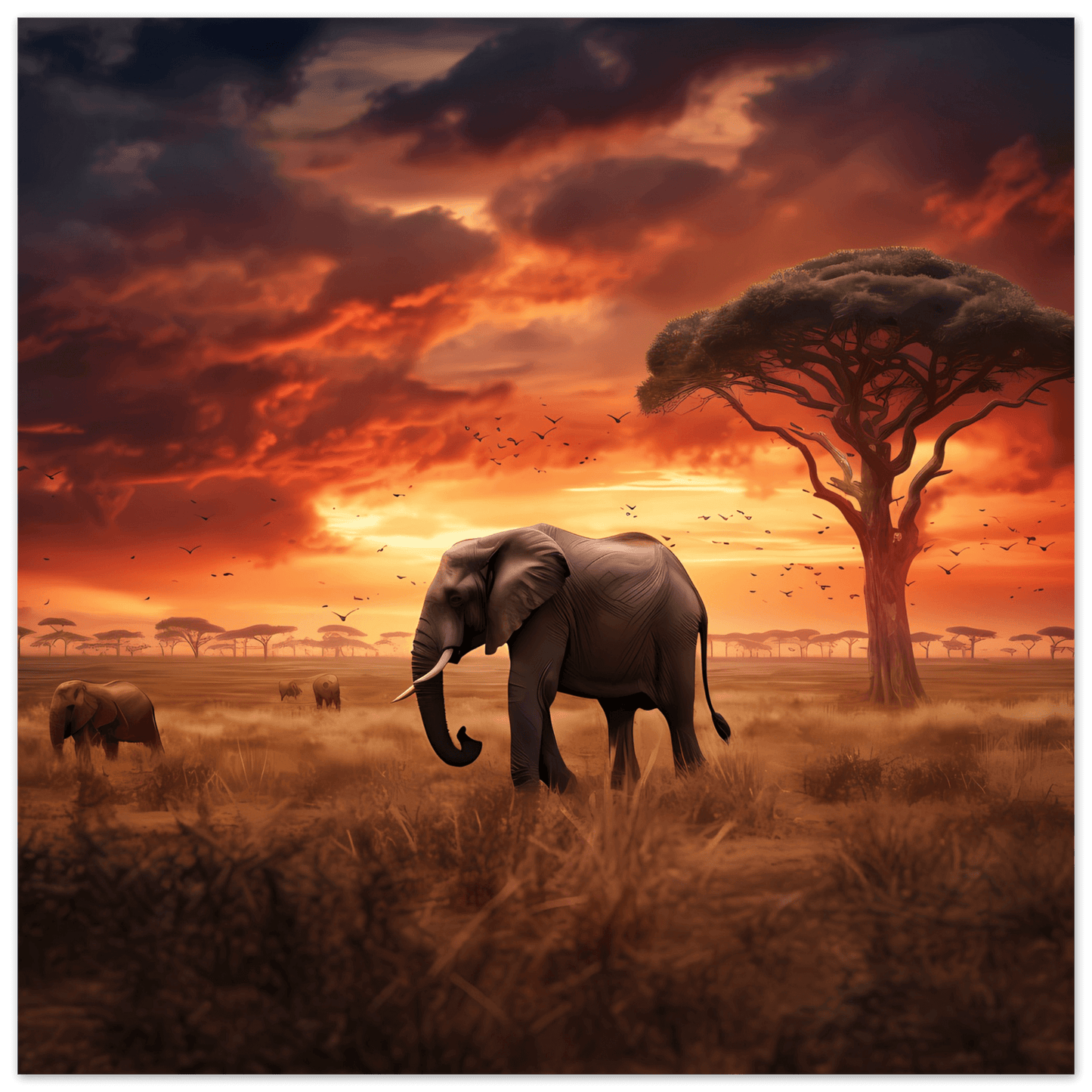 Poster "Panoramablick Serengeti" – genieße grasende Elefanten im Sonnenuntergang und bringe wilde Atmosphäre in dein Zuhause